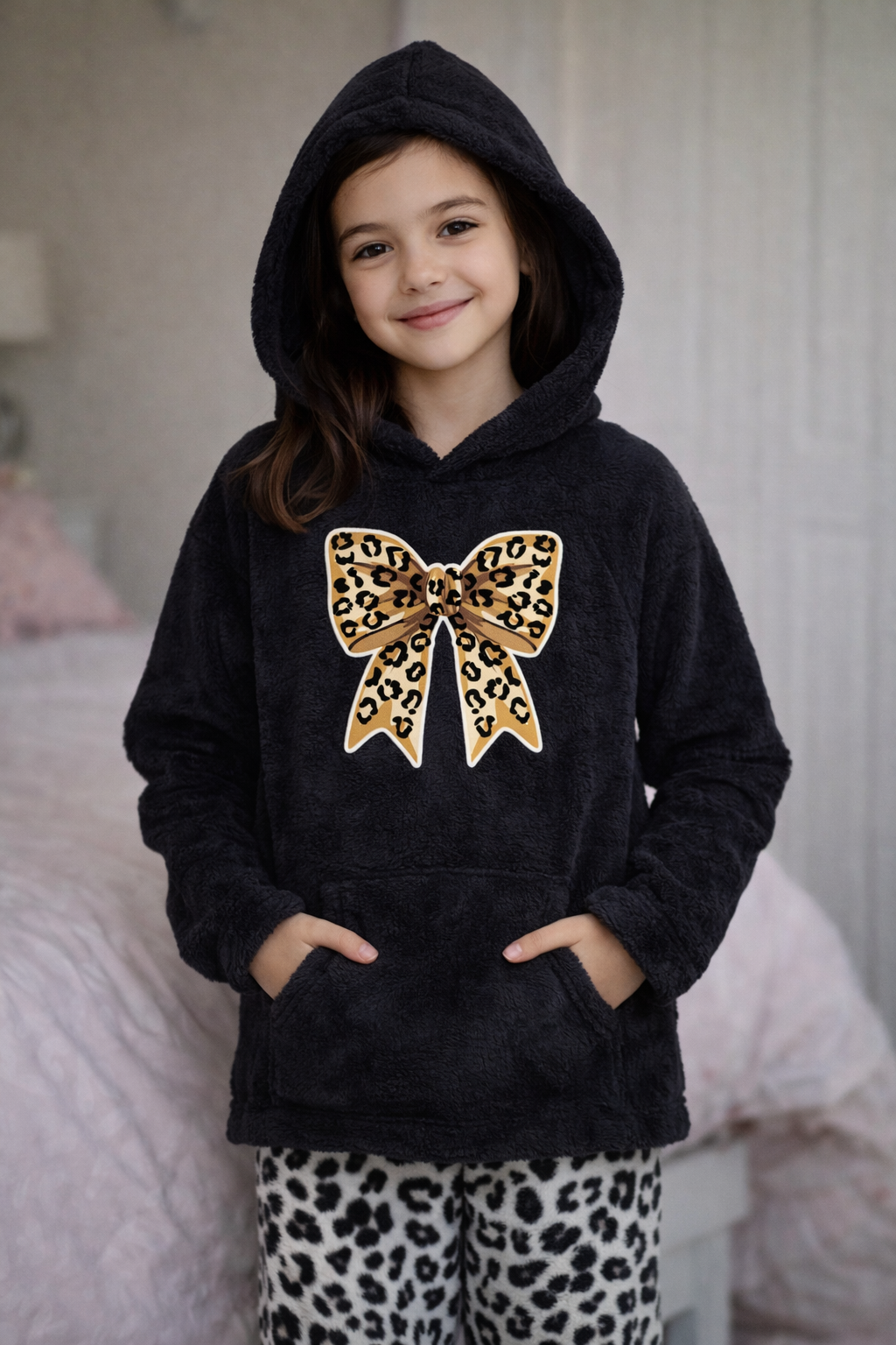 Girls Black Fuzzy Hooded Pajama Top with Leopard Bow – Cozy Plush Sleepwear