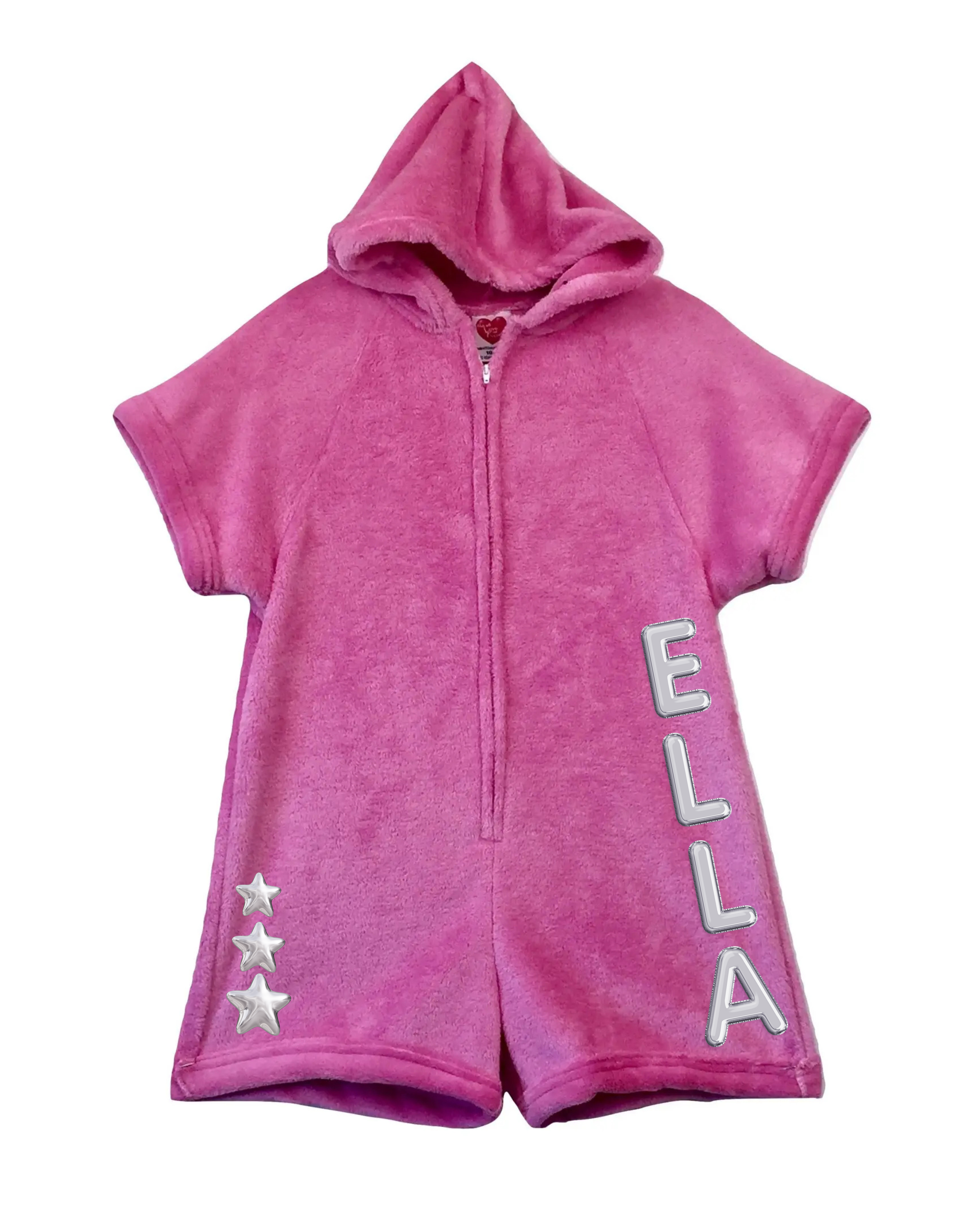 Personalized Girls Hooded Terry Pajama Romper – Soft Pink Zip-Up Sleepwear