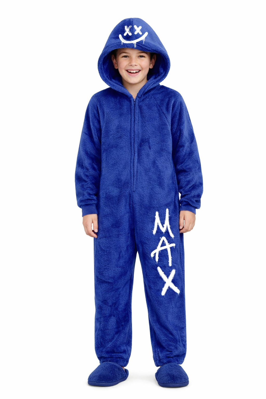 Boys Personalized Plush Fleece Pajama Onesie – Hooded Zip-Up Sleepwear