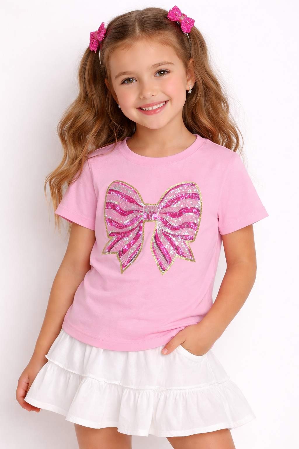 Girls’ Pink Sequin Bow T-Shirt | Sparkle Statement Tee