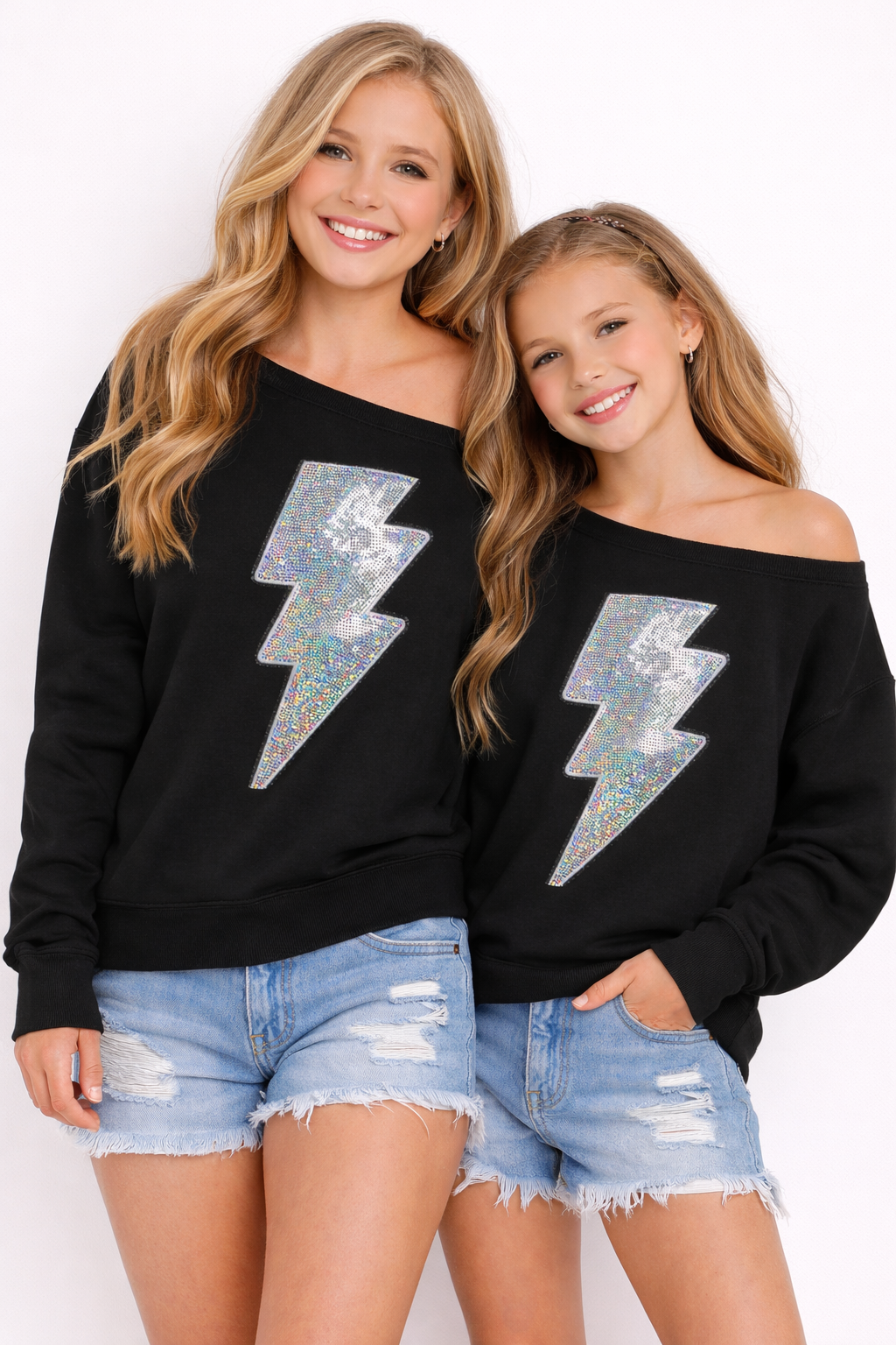 Sequin Lightning Bolt Off-Shoulder Sweatshirt | Women & Girls Sparkle Pullover