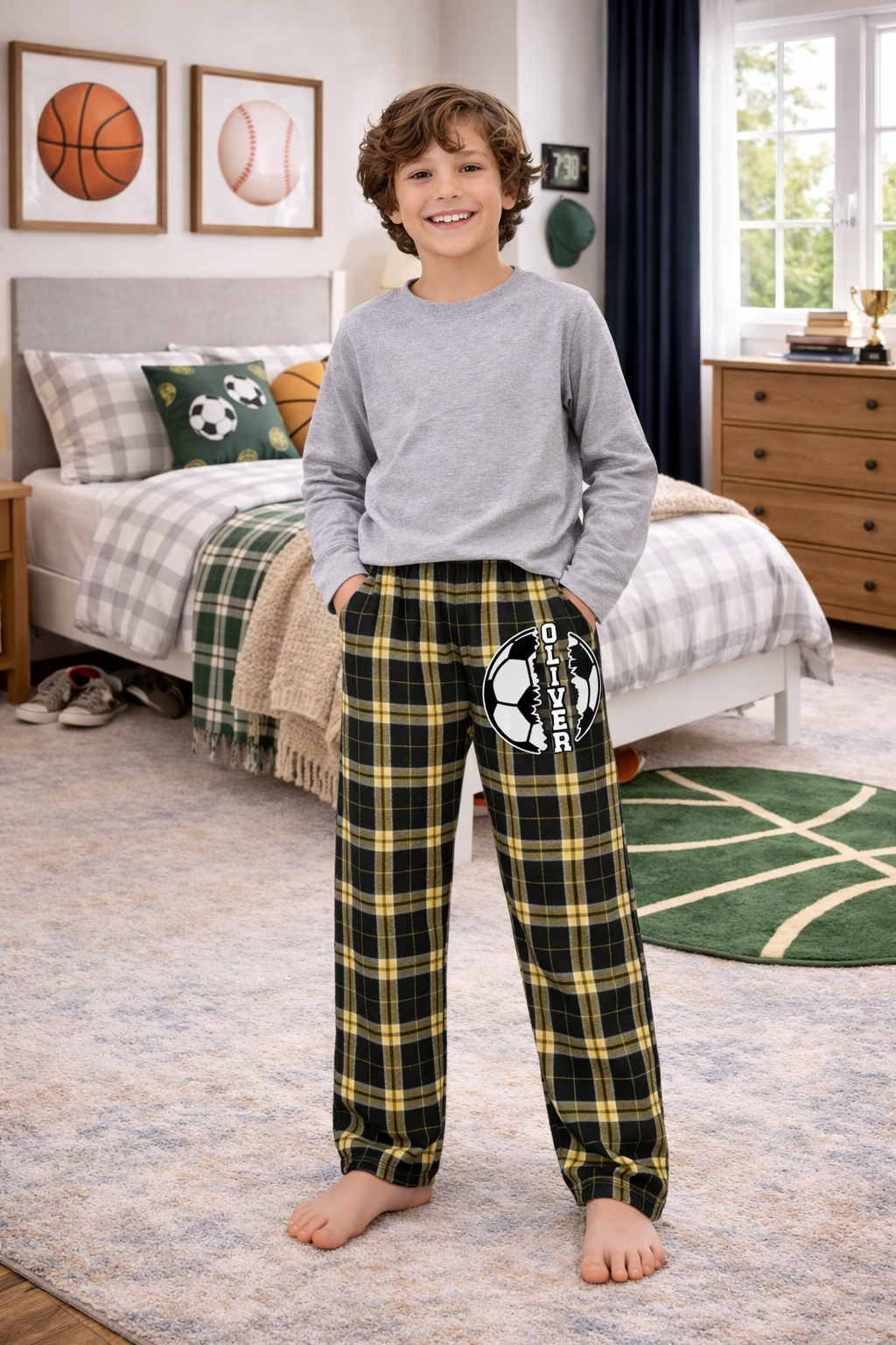Personalized Kids Plaid Pajama Pants – Custom Name Soccer Sleep Pants