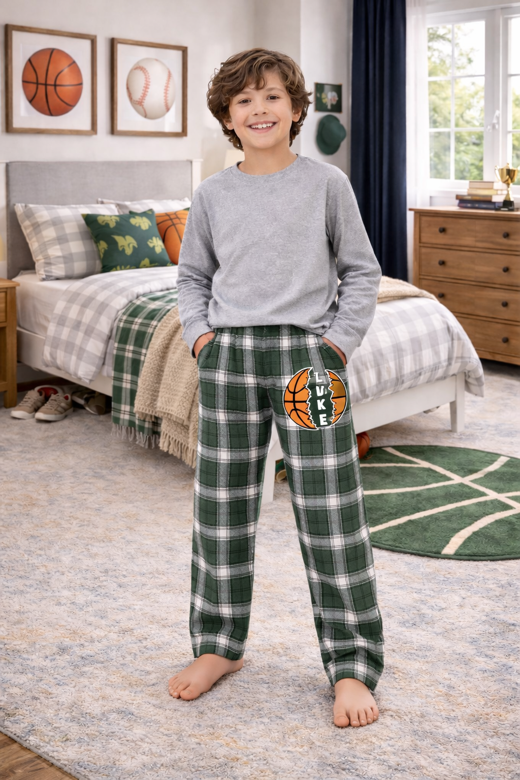 Personalized Kids Plaid Pajama Pants – Custom Name Basketball Sleep Pants