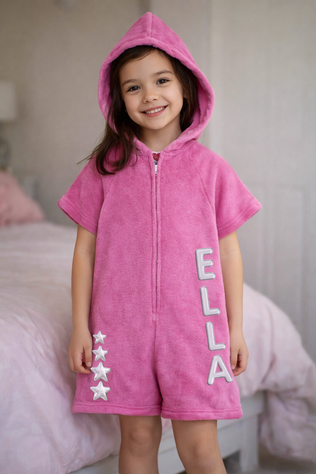 Personalized Girls Hooded Terry Pajama Romper – Soft Pink Zip-Up Sleepwear