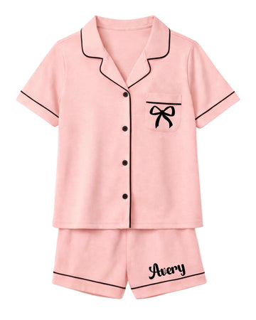 Personalized Girls Button-Up Pajama Set – Blush Pink Short Sleeve Sleepwear