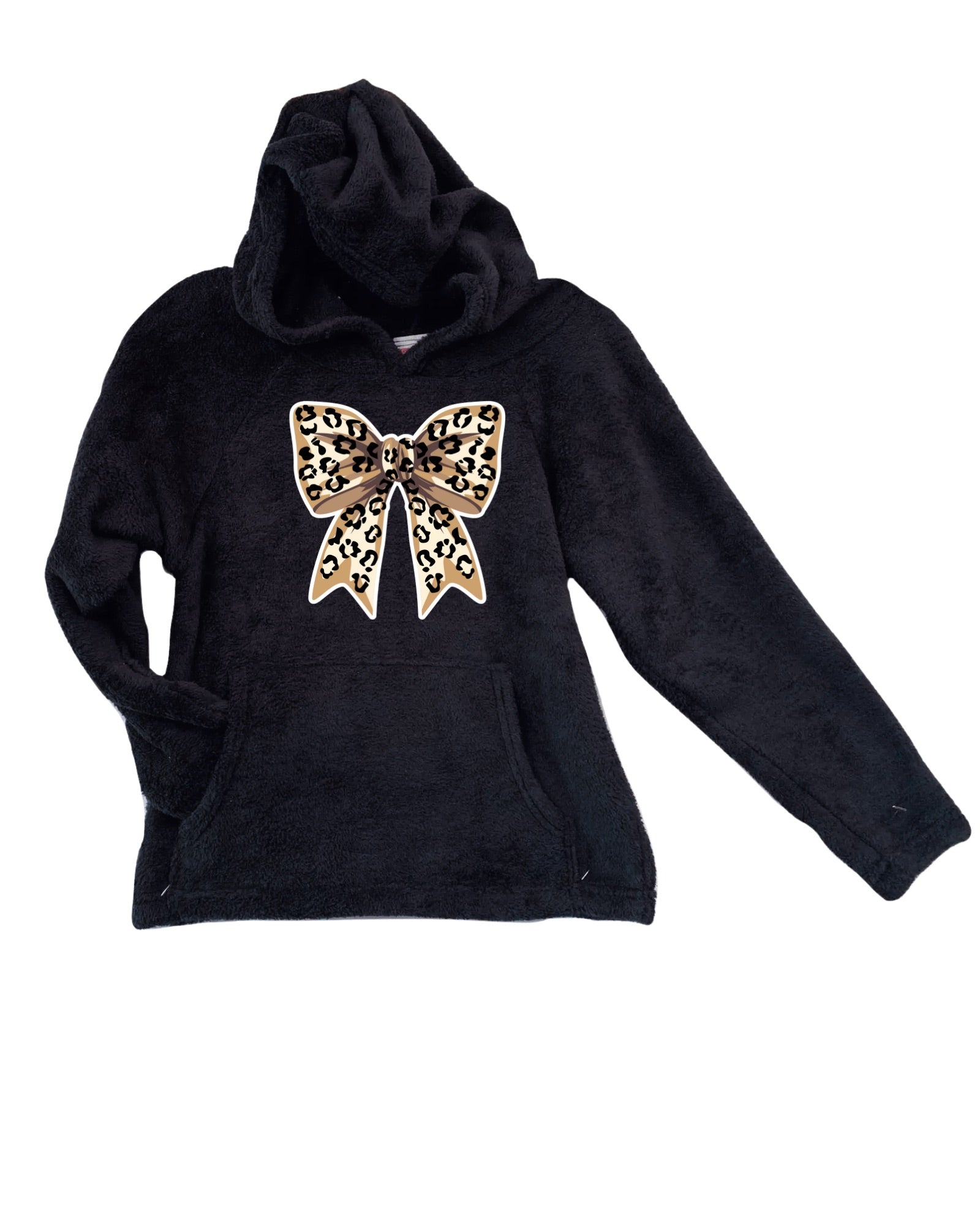 Girls Black Fuzzy Hooded Pajama Top with Leopard Bow – Cozy Plush Sleepwear
